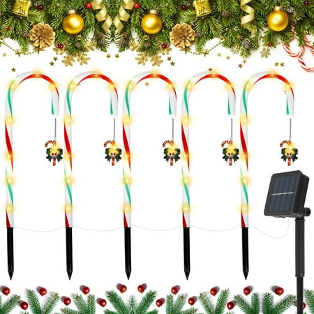 

5Pack Solar Powered Candy Cane Lights Christmas Walking Stick Stake Light with 8 Light Modes and Pendant IP44 Waterproof LED Pathway Markers Lights for Xmas Garden Decoration