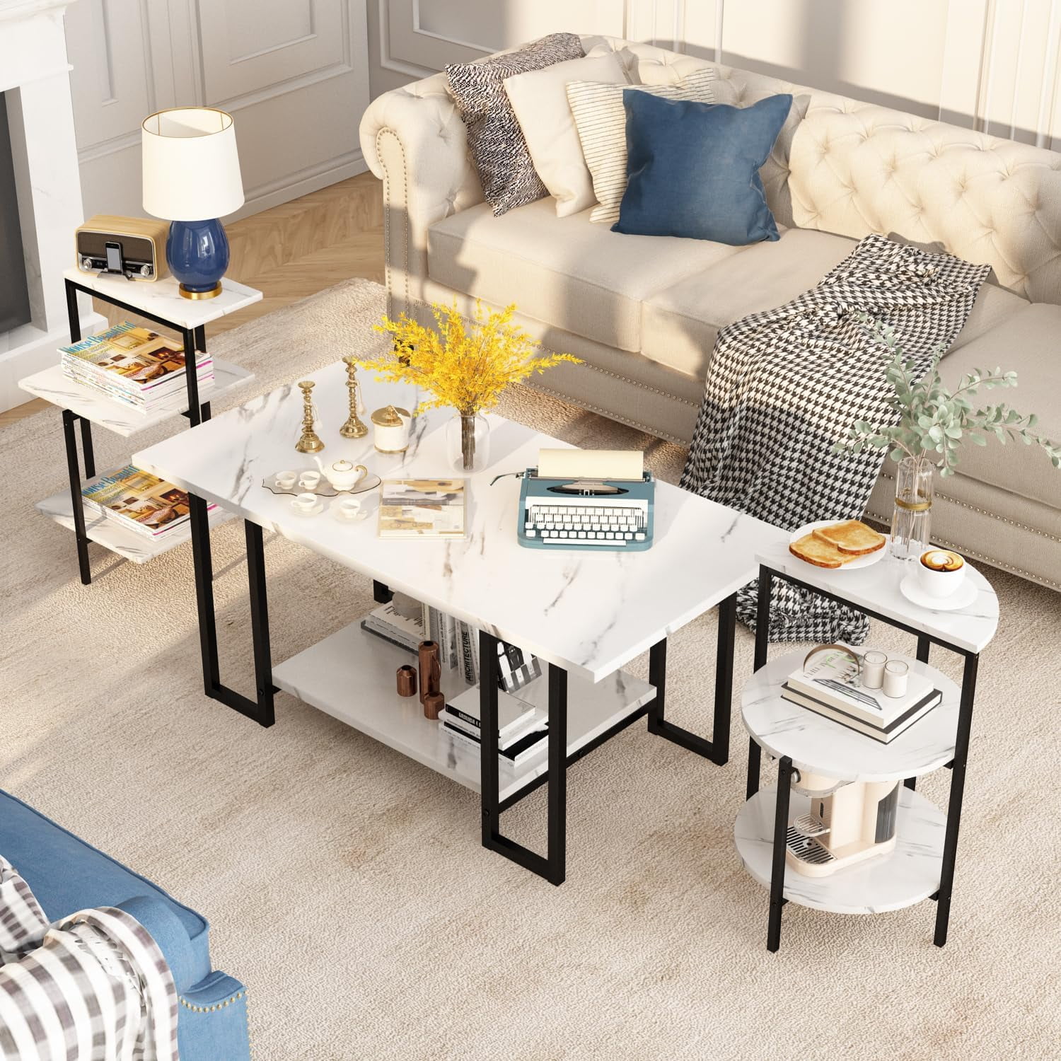 Cvortll Coffee Table Set of 3, Rectangle Faux Marble Tabletop & 2 Tiered Side Tables, Multi-Level Storage for Living Room（White & Black）