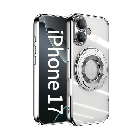 Compatible with iPhone 17 Case with Rotating Magnetic Ring Stand, [Compatible with MagSafe] [Full Camera Lens Protector] Plating Clear Slim Phone Case for iPhone 17, Silver