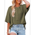 thumbnail image 2 of Women Waffle Knit Tops 2025 Fashion 3/4 Sleeve Crew Neck Oversized Patchwork Blouses Green M, 2 of 6