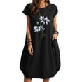 thumbnail image 4 of USSUMA Dress for Women Wedding Guest Short Sleeve Linen Cotton Shift T Shirt Midi Summer Dress Casual Daisy Print Knee Length 2022 Sundresses Beach Round Neck Womens Sun Dresses, 4 of 6