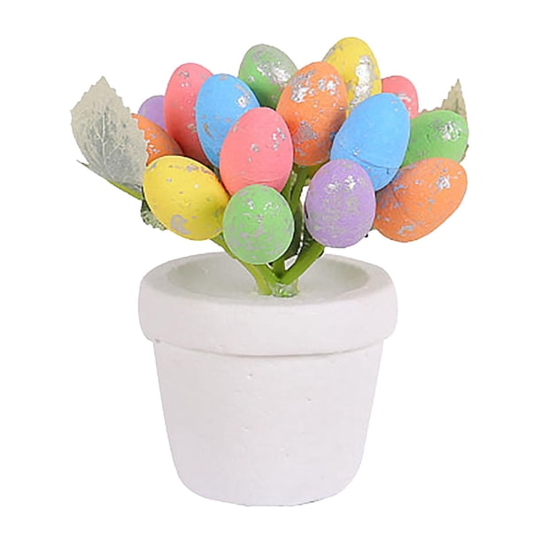 Olla de huevos de Pascua artificiales, bonsái de huevos de Pascua, decoración colorida de Pascua, olla de huevos de Pascua de espuma para escritorios Plata manchada BLESIY Huevo de Pascua en maceta