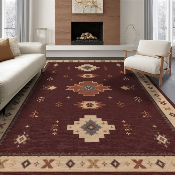 ODIKA 8'x10' Washable Area Rug Non-Shedding, Easy Care, Cream Rich Burgundy Geometric Symmetry Design Elegant Traditional with Detailed Border for King Size Bedroom Under Bed, Master Suite