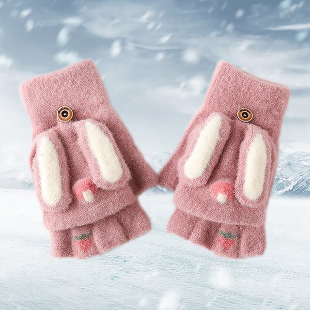 Warm Winter Outdoor Toddler Knitted Half Finger Mitten Cute Long Eared Rabbit Kids Girl Gloves