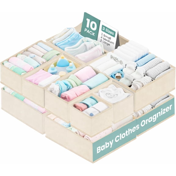 RFAQK 10 Pack Dresser Drawer Organizer Clothes-Baby Clothes Organizer for Nursery, Foldable Closet Fabric Drawer Dividers for Bedroom Organization, Storage Bins, Underwear, Socks, Bras, Belt-Begie