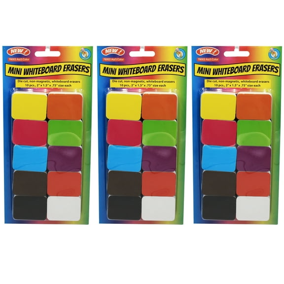 Ashley Productions Non-Magnetic Mini Whiteboard Erasers, Assorted, 10 Per Pack, 3 Packs