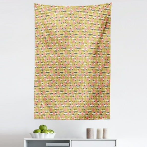 Plumeria Tapestry, Abstract Vintage Pastel Design Monstera Leaves on Striped Backdrop, Fabric Wall Hanging Decor for Bedroom Living Room Dorm, 5 Sizes, Salmon Khaki and Dimgray, by Ambesonne