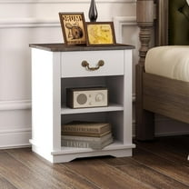 Kmax Farmhouse Nightstand with Drawer, 19" End Table Dresser for Bedroom, Rustic White Bed Side Table End Tables with Adjustable Shelf for Bedroom Living Room, Black Top