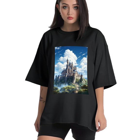 Plus Size Shirt for Women Black Tops for Women Short Sleeves Shirt for Women Castle (60） T Shirt Crewneck Shirt for Women XS