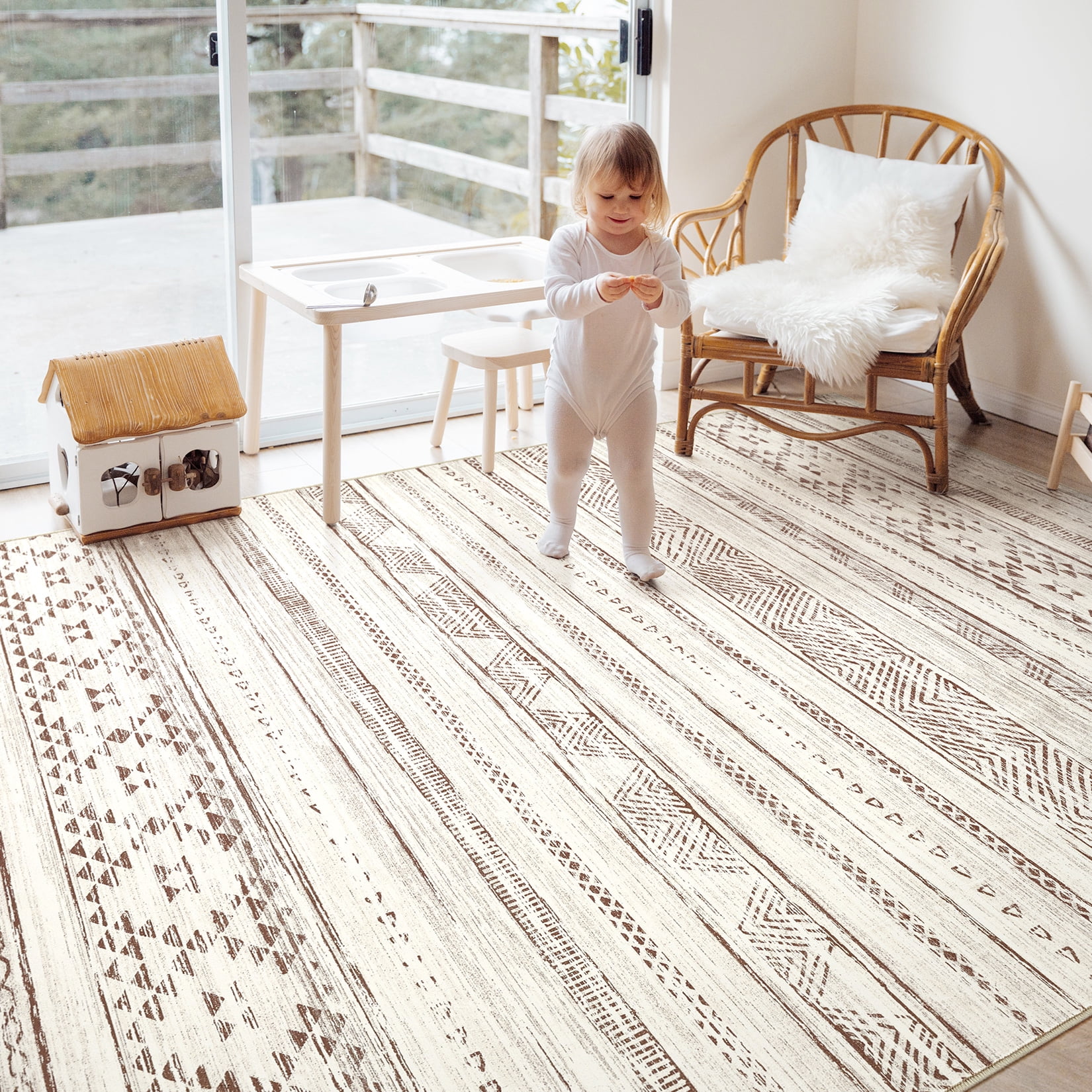 Toyoso 5x7 Area Rug Living Room Rugs - Washable Large Soft Boho Neutral Geometric Moroccan Modern Rug for Bedroom Dining Room Home Office Non Slip Low Pile Farmhouse Carpet Indoor - Brown