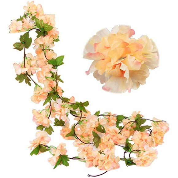 2 Pack 230cm Faux Cerise Vigne Fleurs Plante Artificielles Lierre Suspendu Guirlande de Soie aux Feuilles Vertes pour Intérieur Extérieur Accueil Hôtel Jardin Fête Mariage Art Décor (Champagne)