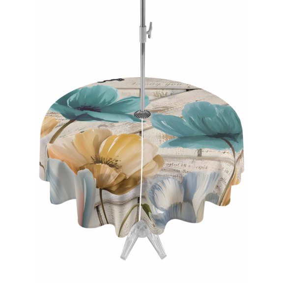 Outdoor Tablecloth with Umbrella Hole for Patio/Picnic/Party/Camping, Watercolor Flowers Waterproof Table Cloth Round Cover Washable, Vintage Tulips Floral Barn Doors Wood Grain (Dia 54")