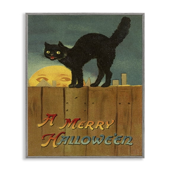 Stupell Industries Cottage Merry Halloween Black Cat Fence Gray Framed Giclee Art, 11 x 14, by Lil' Rue