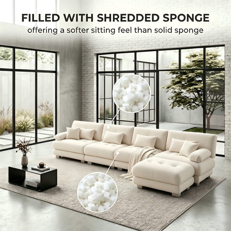 ANPPORT Cloud Couch Sleeper Sofa, Chenille Light Coffee 4-Seater Modular Sofa with 1 Ottomans, 4 Lumbar pillows,2 Pillows, Comfy Deep Seat Cloud Sofa, Convertible L-Shaped Floor Couch for Living Room