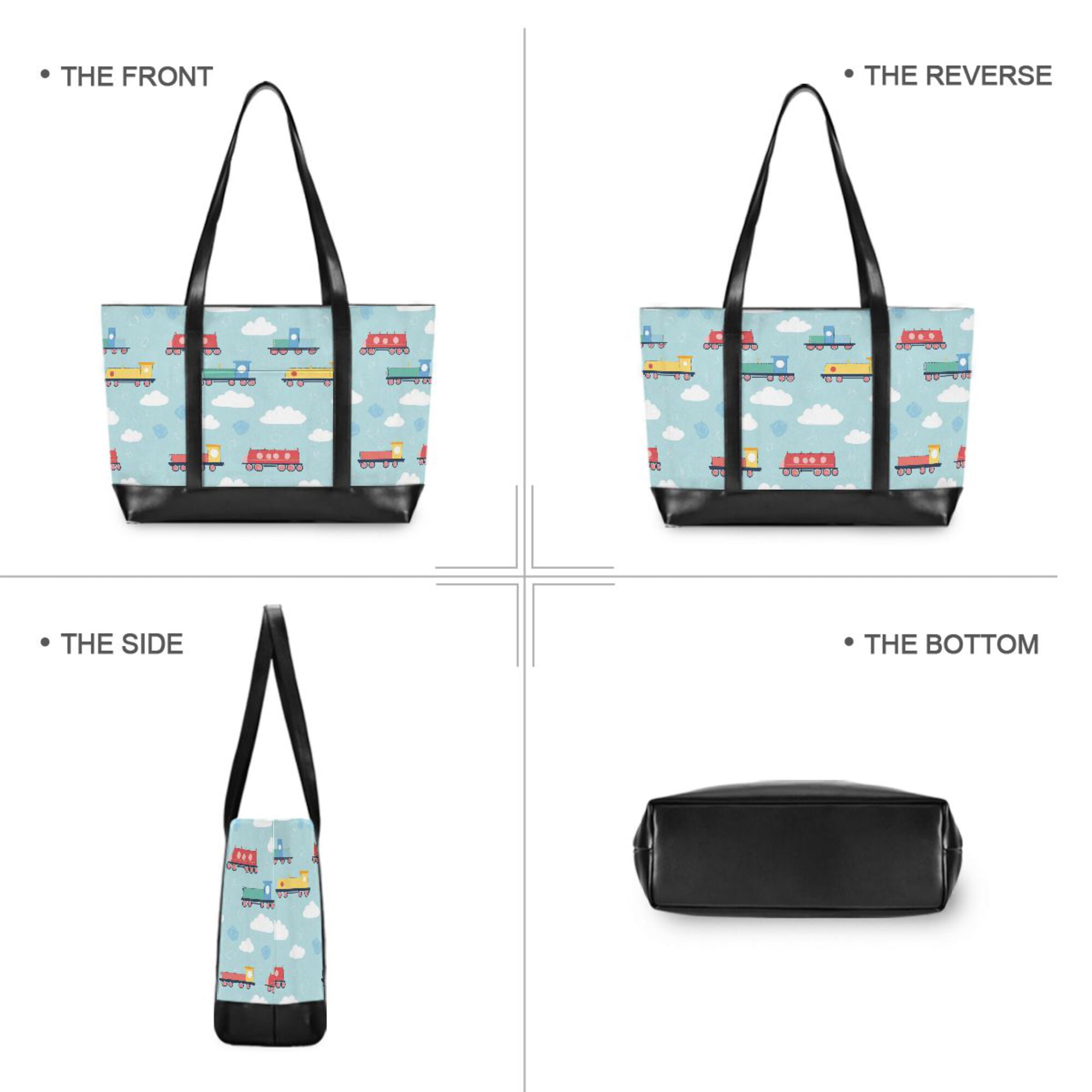 FORMRS Canvas Laptop Tote Bag for Women with 15.6" Computer Compartments Shoulder Handbag, Blue Trains Pattern