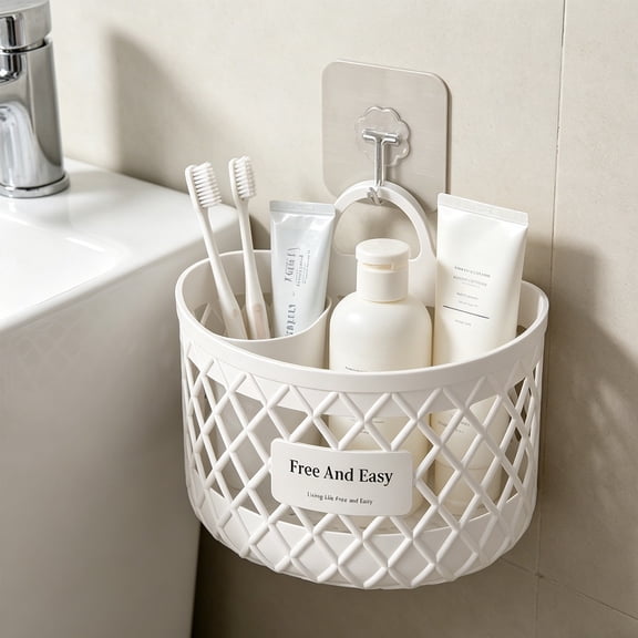 Beforeyayn Free And Effortless Plastic Hanging Storage Basket, Hollow out with handle for bathroom kitchen desk.