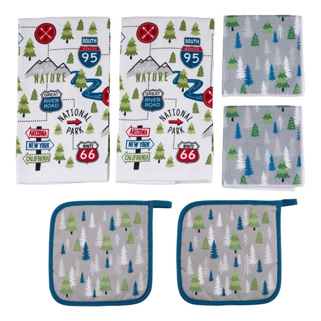 Lippert Components Towel 2022107828 6 Piece Kitchen Set; 2 Kitchen Towels/2 Dish Cloths/2 Potholders; Road Trip Sign Design; Machine Washable