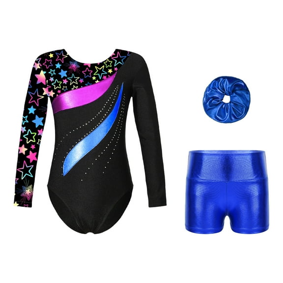 YONGHS Kids Girls  Long Sleeve Gymnastics Ballet Dance Leotard Jumpsuit with Shorts Hair Scrunchies Set Royal Blue 6
