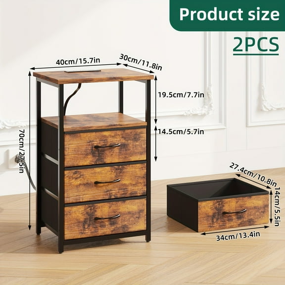 TPY Side Table With Charging Station, Night Stand With 3 Fabric Drawers, Bedside Table For Living Room, School And Dormitory Storage, End Table With Storage, Rustic Brown & Black
