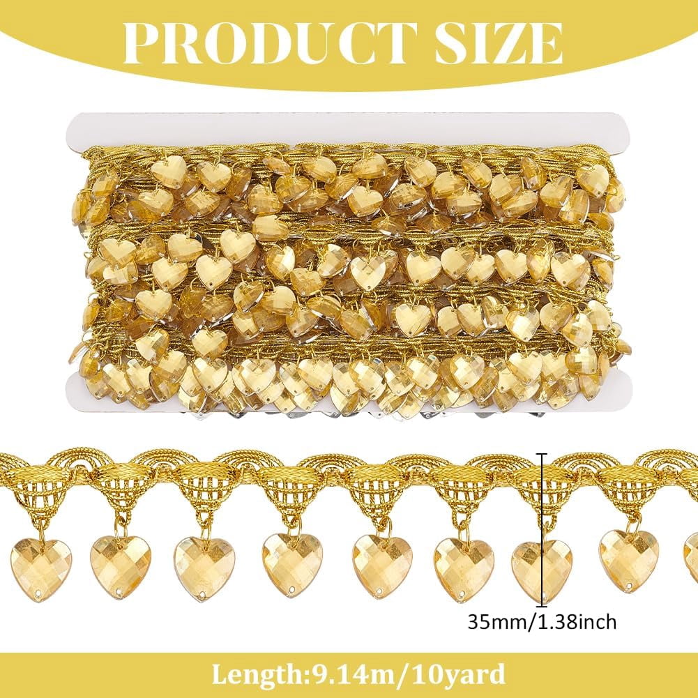 10 Yards Hanging Beads Fringe Lace 1-3/8 inch Wide Polyester Lace Ribbon with Champagne Yellow Bead Tassel Gold Metallic Braid Hanging Heart Beads Crafts