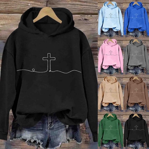 VBTAPA Cross Graphic Hoodies for Women Religious Faith Hooded Sweatshirt Loose Casual Pullover Hoodie Christian Blessed Sweatshirts Blue L