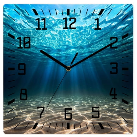 Wall Clock Ocean Beaches Operated Square Clocks Wooden Silent Non-Ticking Wallclock 10 Inch Blue Light Clear Water Wood Wall Clock for Living Room Bedroom Office Shool Home Decor