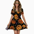 thumbnail image 2 of Halloween Pumpkin Women Dress V-Neck Short Sleeve Flowy Swing Party Midi Dress, 2 of 4