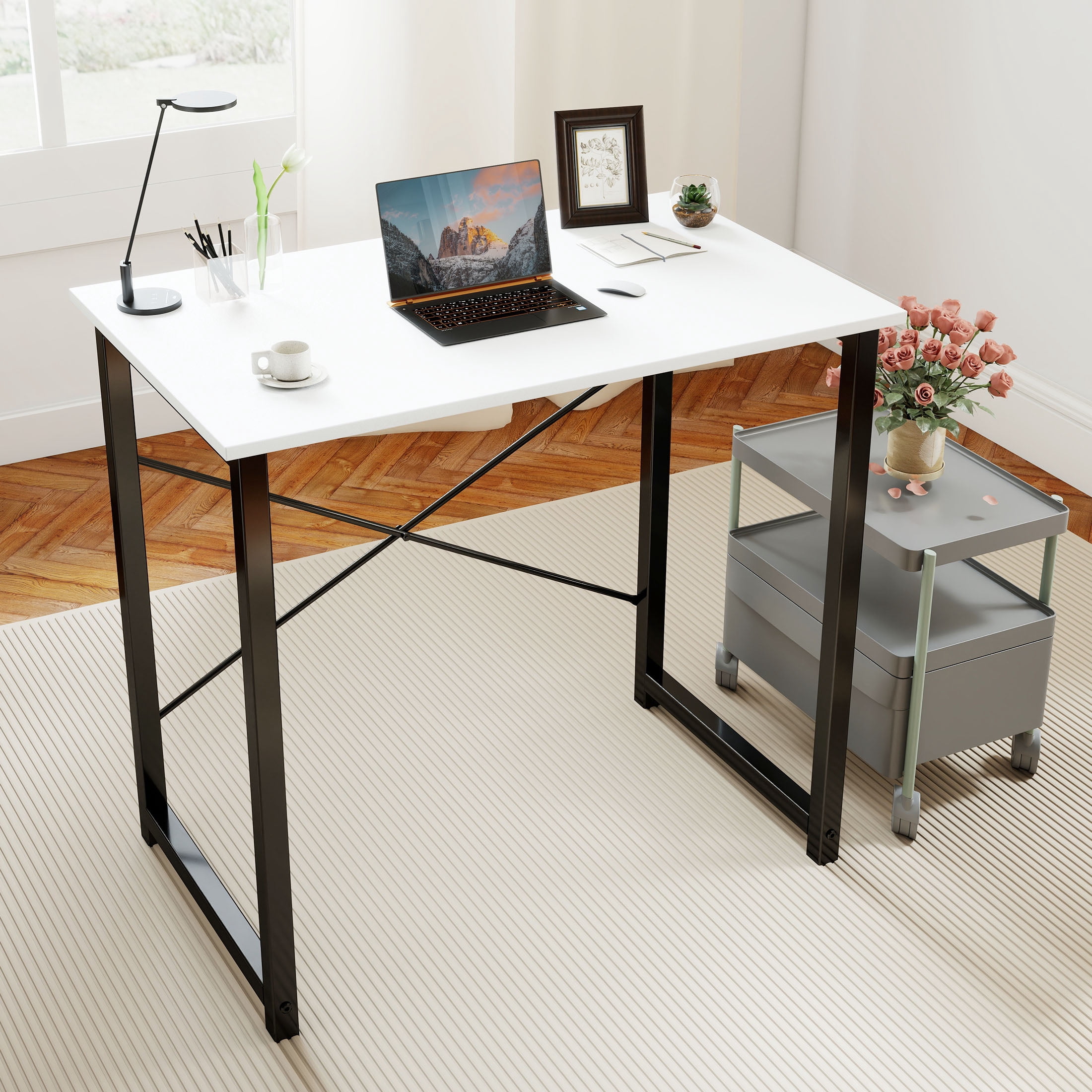 CONCETTA Computer Desk 31 Inch, Simple Farmhouse Table With Storage Bag & Headphone Hooks, White