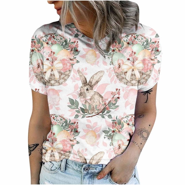 Pompotops Women Crewneck T Shirts Easter Rabbit Print Tees Short Sleeve T Shirt Blouse Tops