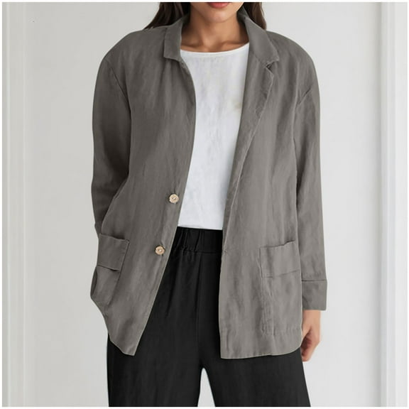 Guieoi Jackets for Women Winter Ladies' Loose Long Sleeved Linen Pocket Top for Spring and Winter Cardigan Jacket Gray Black*Friday/Cyber*Monday Clearance
