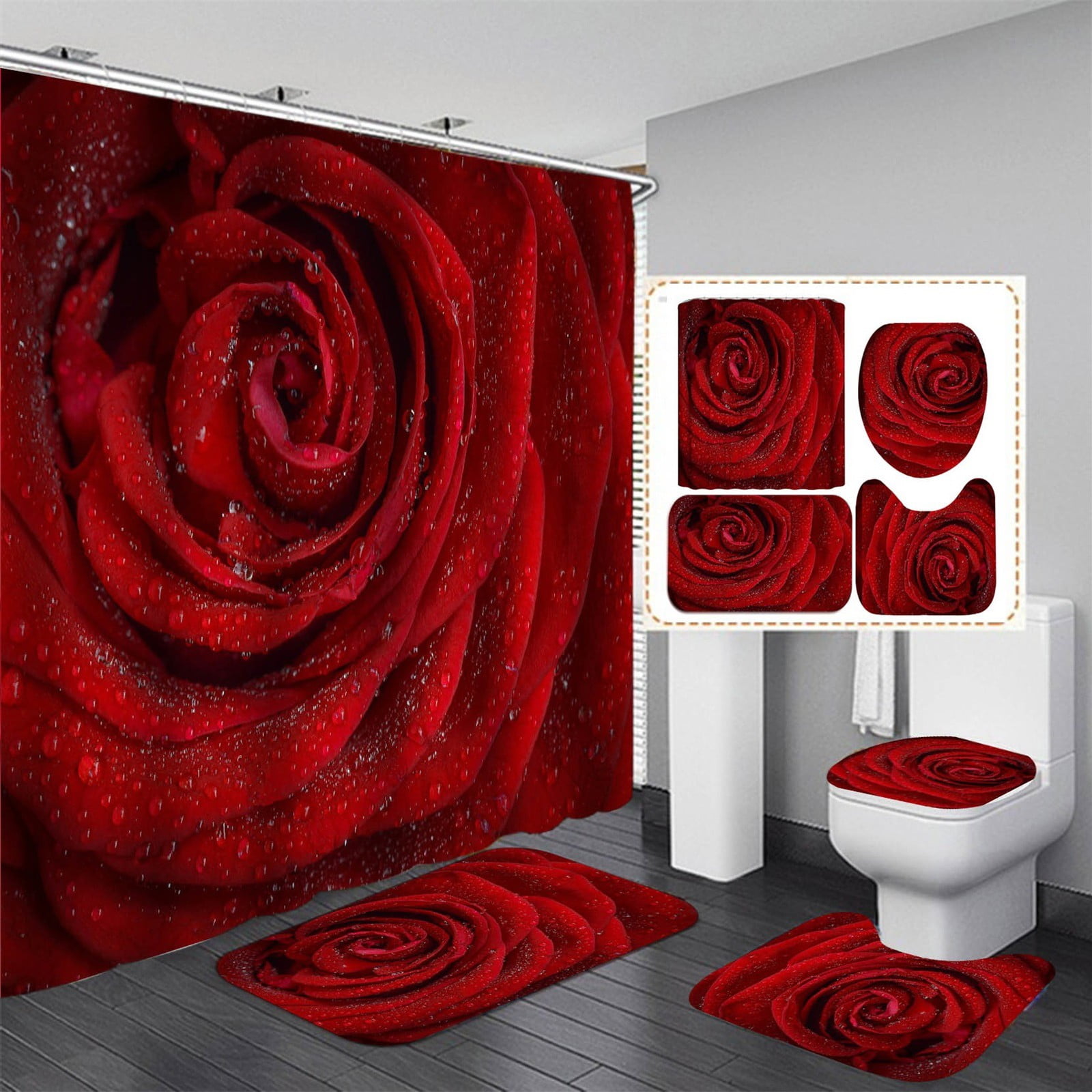 Details about   Flower Road Shower Curtain Set Bathroom Rug Non Slip Bath Mat Toilet Lid Cover 