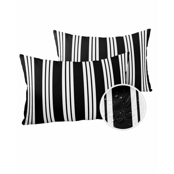 Outdoor Pillows Waterproof, Farmhouse Black Striped Throw Pillows with Inserts Included, Modern Stripes Art Indoor Outdoor Decorative Lumbar Pillow for Bed/Couch/Patio 12"x20", 2Pcs