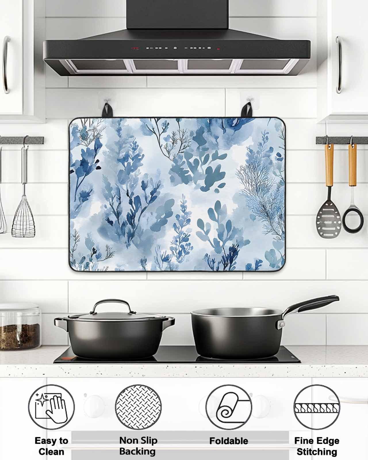Stove Top Covers for Electric Stove 36x21 Inches, Blue Botanical Art Heat Insulation Fireproof Glass Cooktop Protector, Modern Pastoral Watercolor Leaf Countertop Stovetop Cover for Kitchen