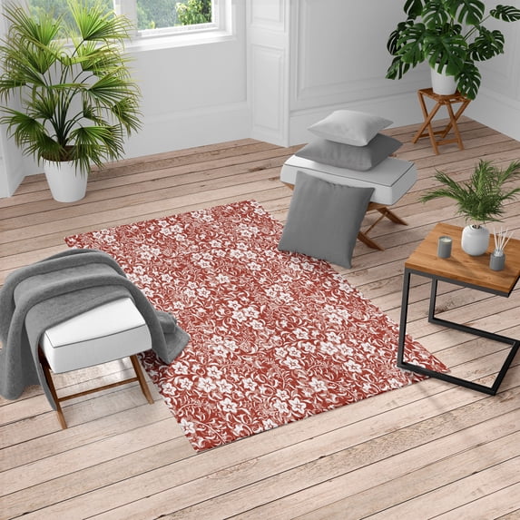 Botanic Turkish Area Rug, Floral Pattern Spring Season Blossoms Branches Leaf Beauty Field Design, Soft Carpet for Living Room Decor with Distressed Look, 4' X 5.7', Paprika White, by Ambesonne