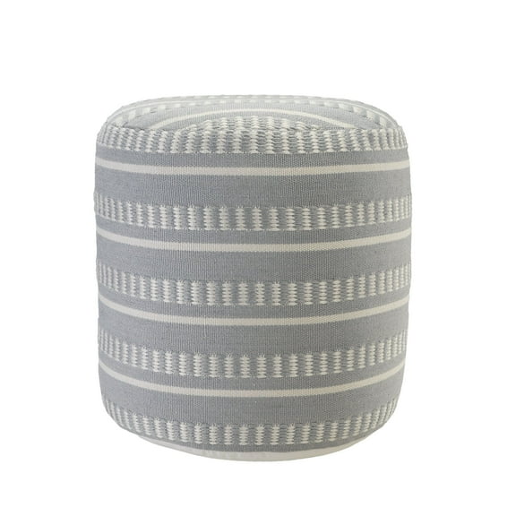 Laddha Home Designs 20" Gray and White Striped Round Outdoor Patio Pouf Ottoman