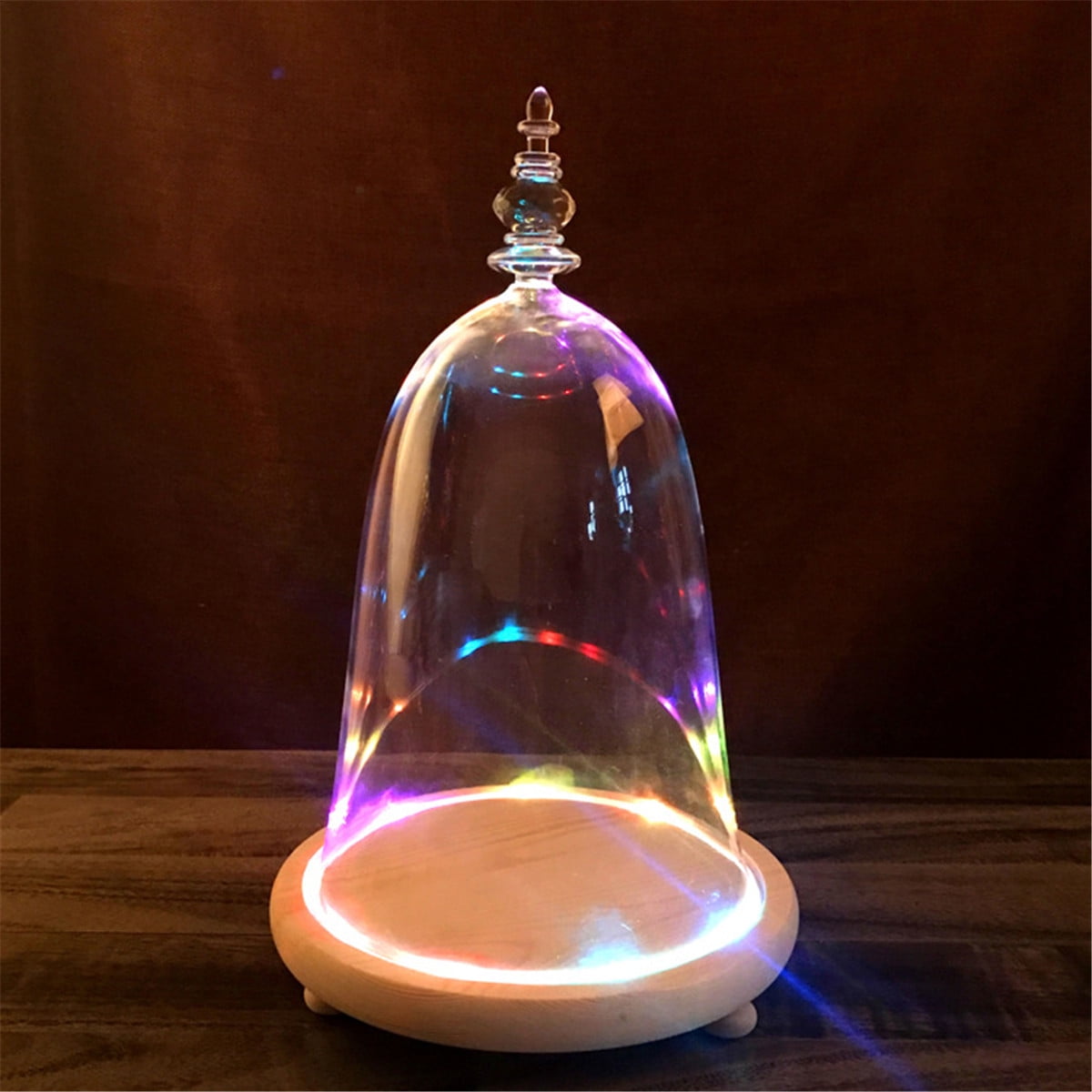 Glass Dome with Wood Base LED Light Round Bell Jar Clear Cloche Display