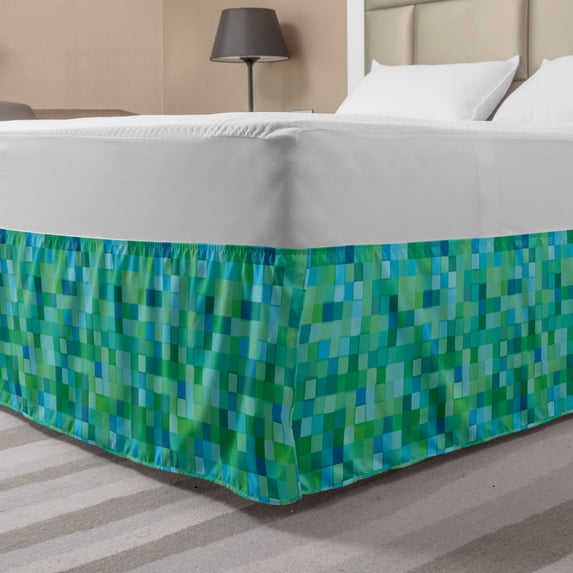 Teal Bed Skirt, 3D Cube Pattern Abstract Squares Vibrant Colored Geometric Shapes Design Modern, Elastic Bedskirt Dust Ruffle Wrap Around for Bedding Decor, 4 Sizes, Sea Green Blue, by Ambesonne