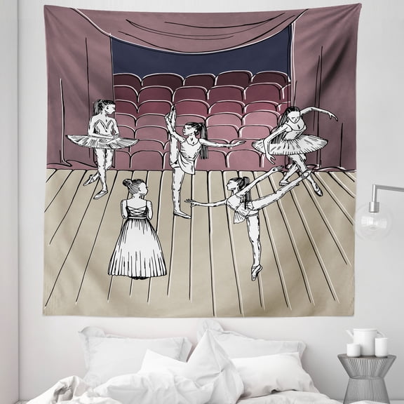 Classical Tapestry, Dance Themed Image of Sketchy Drawing of Ballerinas on Stage, Fabric Wall Hanging Decor for Bedroom Living Room Dorm, 5 Sizes, Multicolor, by Ambesonne