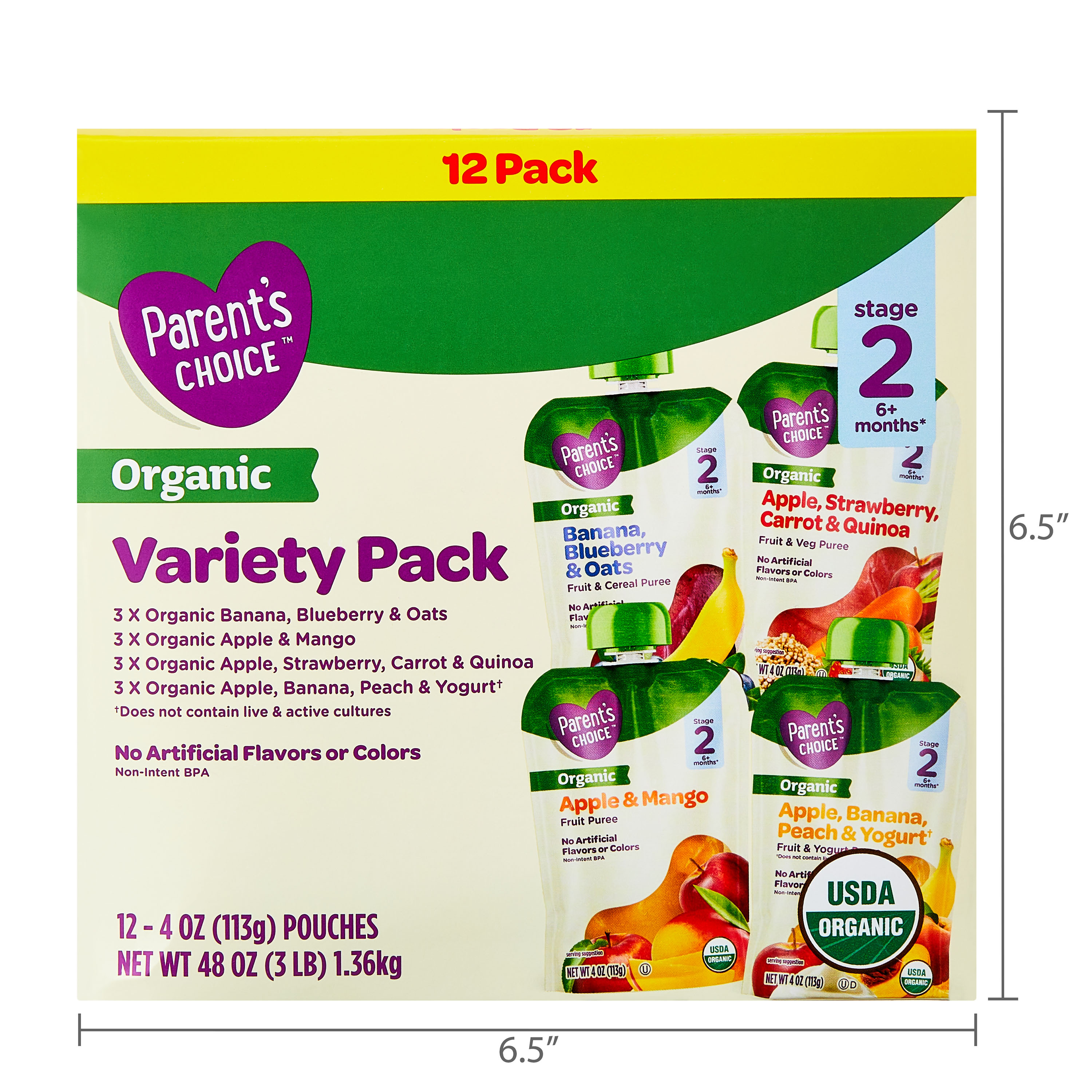 Paquete variado de comida para bebé etapa 2 orgánica de Parent's Choice, bolsas de 4 oz, paquete de 12 8