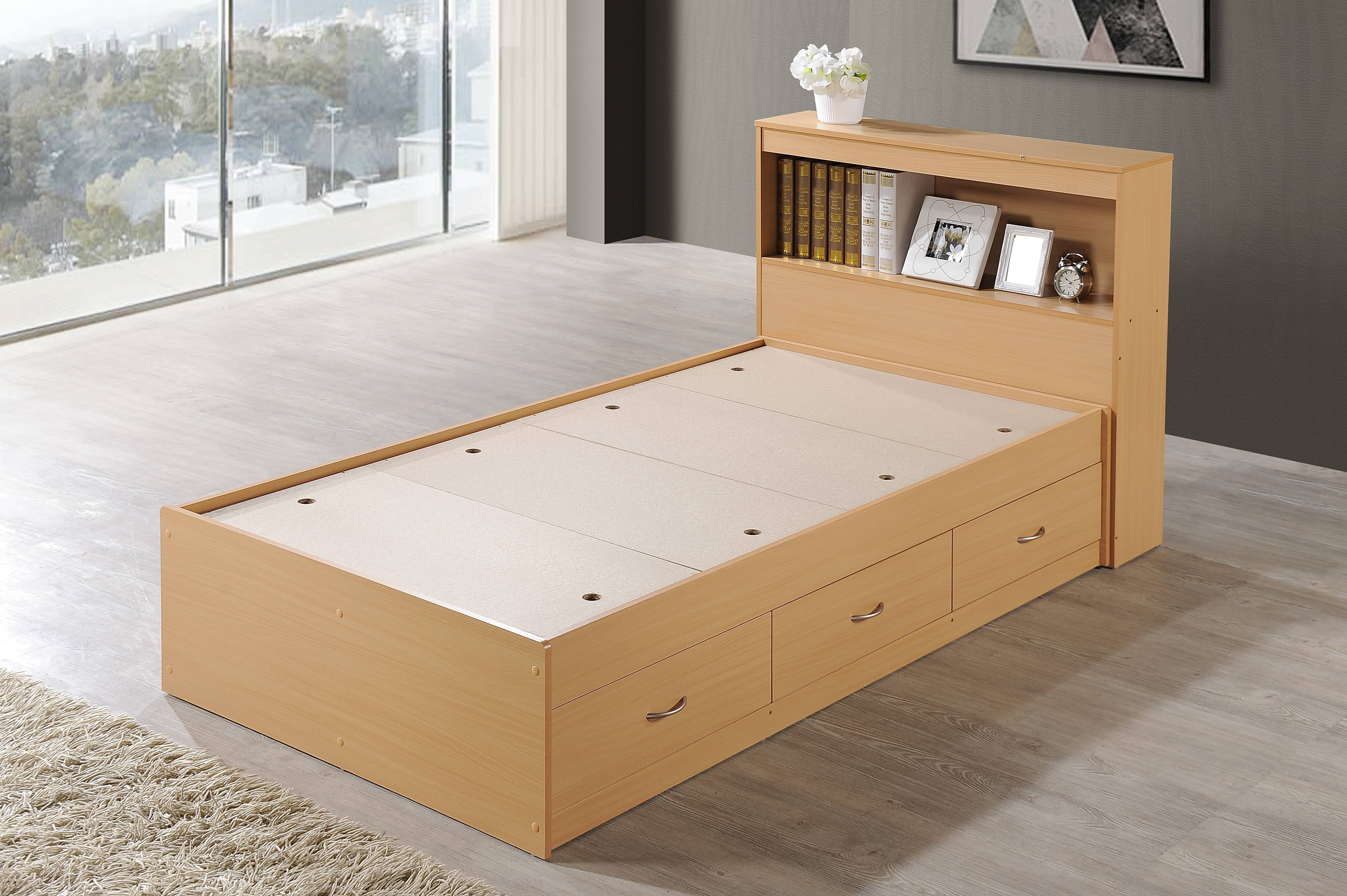 Hodedah Twin-Size Captain Bed with 3-Drawers and Headboard in Beech