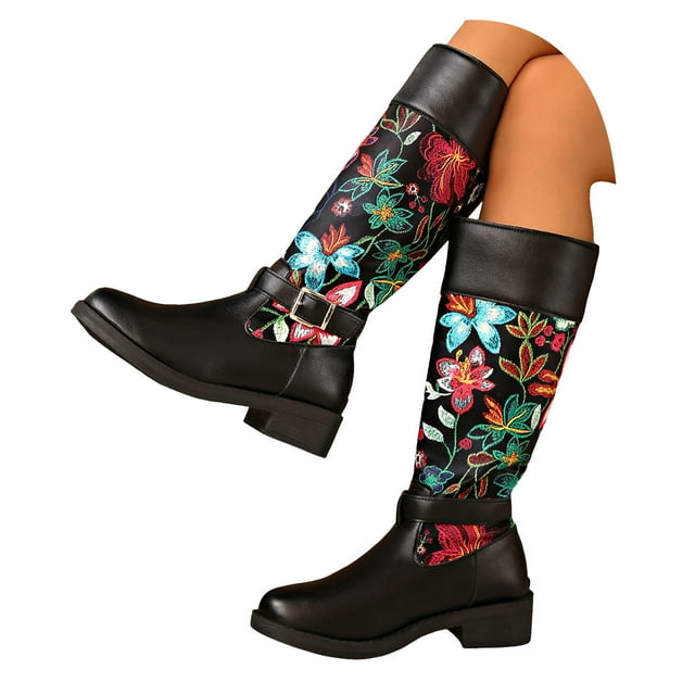 Bottes de Cowboy pour Femmes Leozcaa Bout Rond Mi-Mollet Bottes Western Imprimé Floral Talon Bas Bottillons d'Automne Hiver