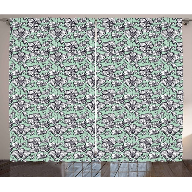 Floral Curtains 2 Panels Set Wild Orchids Exotic Spring Blooms Feminine Themed Hand Drawn Plants Window Drapes For Living Room Bedroom 108w X 63l Inches Mint Green Black White By Ambesonne