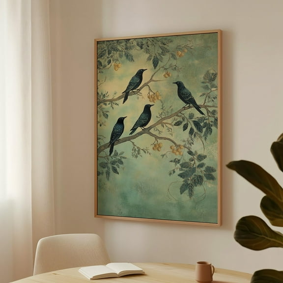 Blackbirds On Branches With Golden Berries – Vintage Nature Wall Art In Green And Gold, Elegant Rustic Decor Wall Art, Modern Wall Decor, 8x12 UNFRAMED