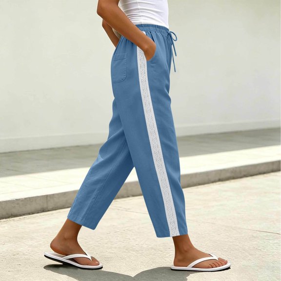Mifsaly Linen Blend Pants for Women Side Lace Stripe High Waisted Summer Pant Lightweight Breathable Loose Casual Everyday Wear Outfits with Pockets Navy,S