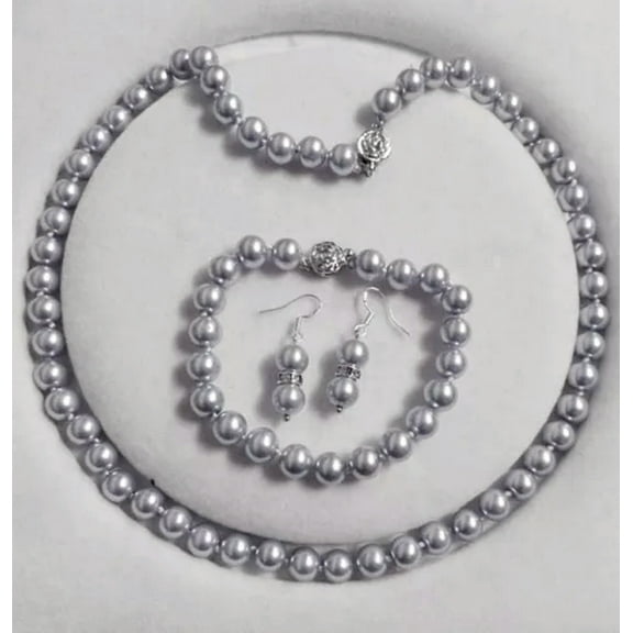 K-KED 8mm Shell Pearl Round Beads Necklace   Bracelet   Earrings Delicate Jewelry Set-Gray