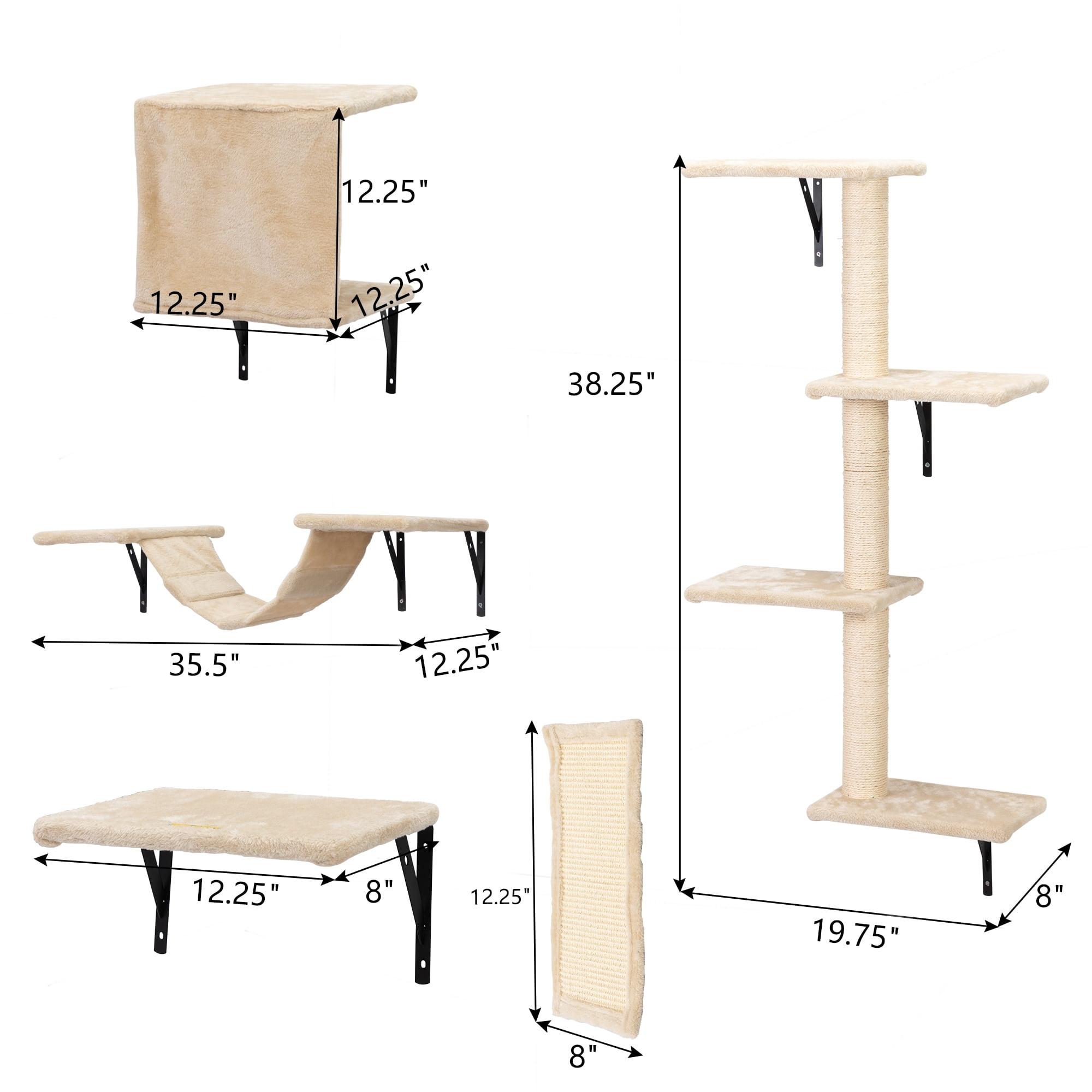 Kadyn Cat Wall Shelves and Perches Set for 5, Cat Tower for Adult Cats Mounted Cat Tree House for Large, Indoor Cat Sleeping Playing Lounging Climbing Furniture, Beige