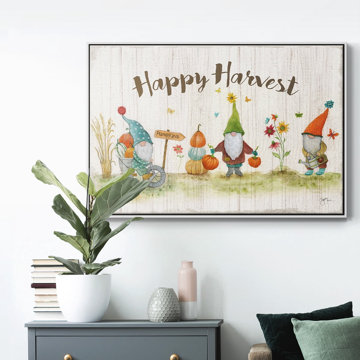 Gnome Harvest - Framed Gallery Wrapped Holiday Canvas - 27 x 41 - White Frame
