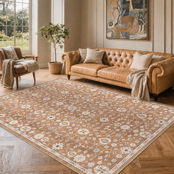 Toyoso 5x7 Oriental All-Over Floral Area Rug, Distressed Vintage Traditional Carpet, Soft Low Pile Non-Shedding Rug for Living Room, Bedroom, Dining Room, Faded Boho Home Decor, Camel