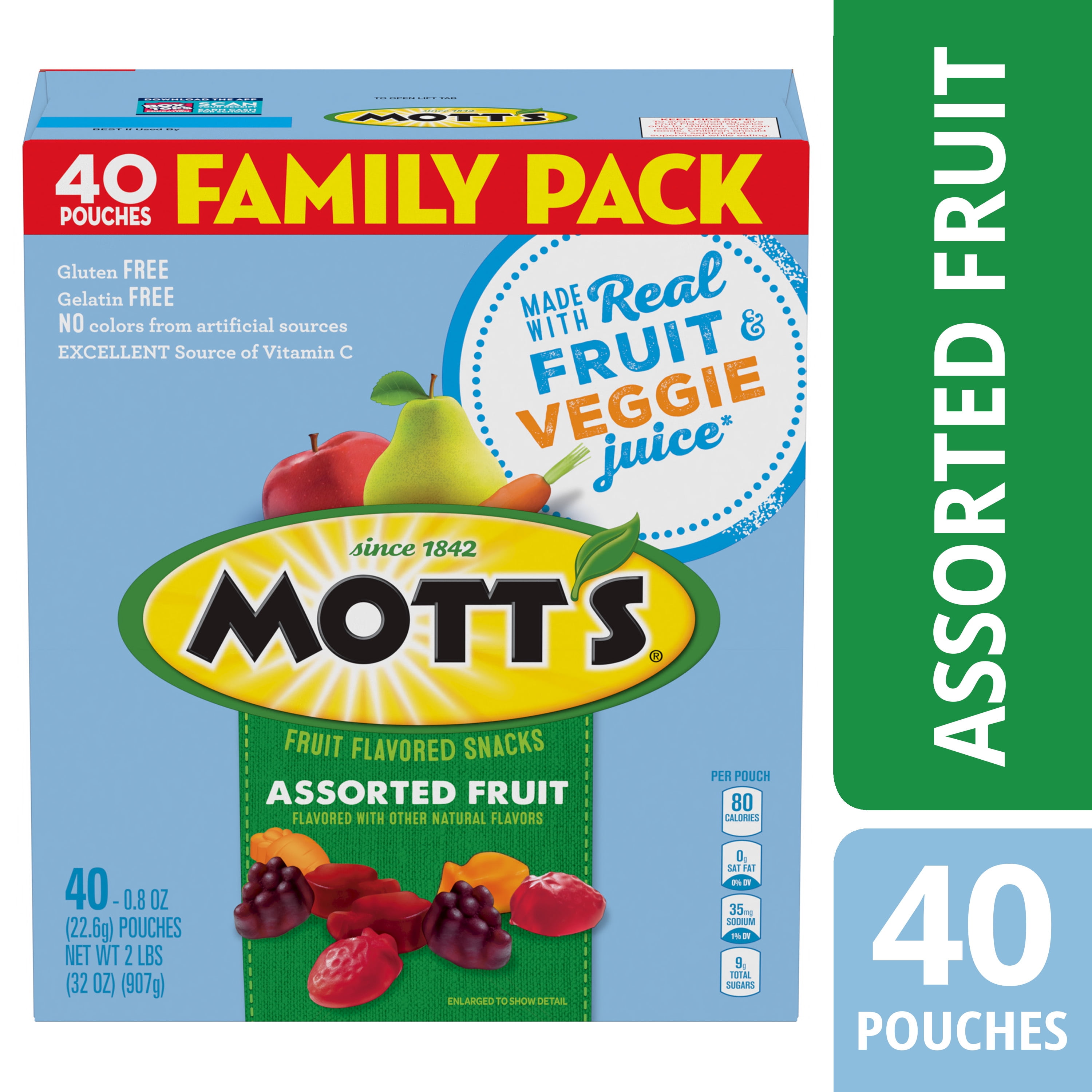 Mott's Fruit Flavored Snacks, Assorted Fruit, Gluten Free Snack, Family Pack, 40 Ct, 32 oz