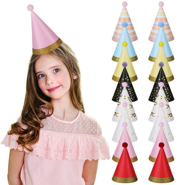 ColoMX 16 gorros de cono para fiestas de cumpleaños infantiles: Gorros de papel con pompones para niños y adultos - Tocados con purpurina para decorar